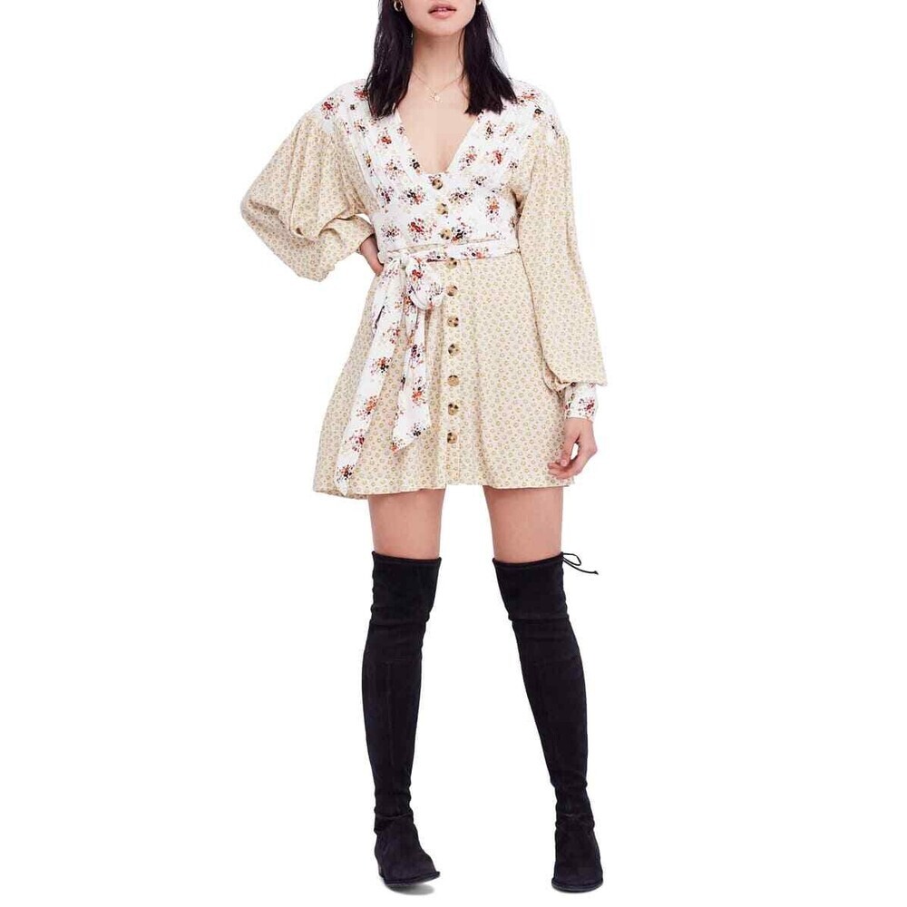 Free People Women's Wonderland Printed A-Line Mini Dress Ivory Floral Size S